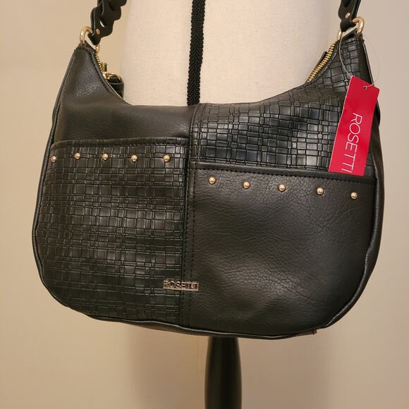 NWT Rosetti Black With Gold Metal Accents Crossbody Shoulder Bag Pockets - Picture 2 of 15